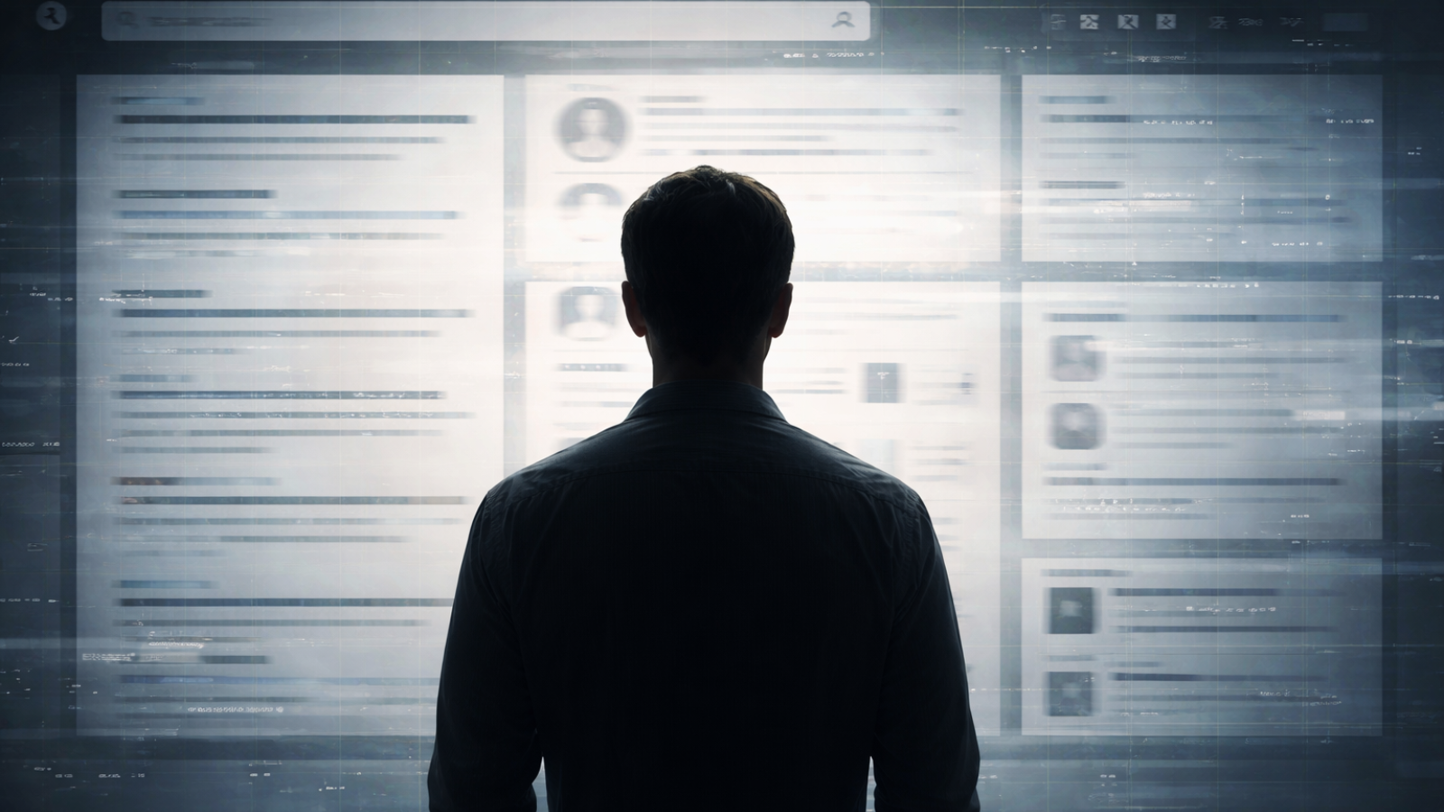 Homem de costas observa uma interface digital com resultados de busca desfocados, simbolizando a construção da reputação digital a partir de registros online.
