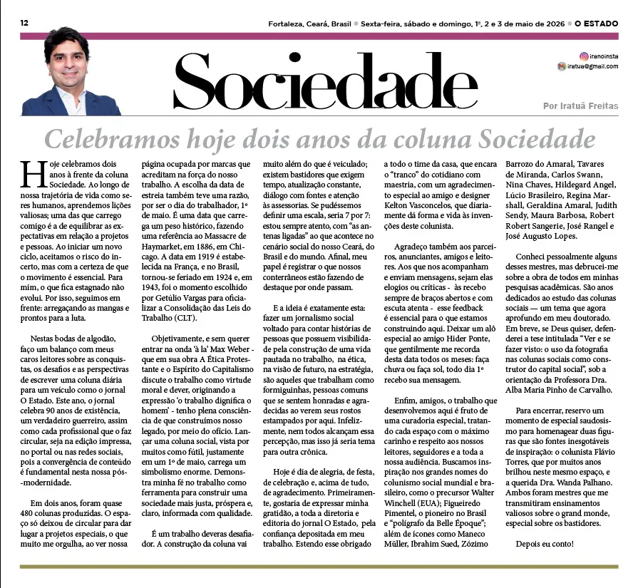 Coluna Sociedade – Sexta Feira dia 1º de Maio de 2026 