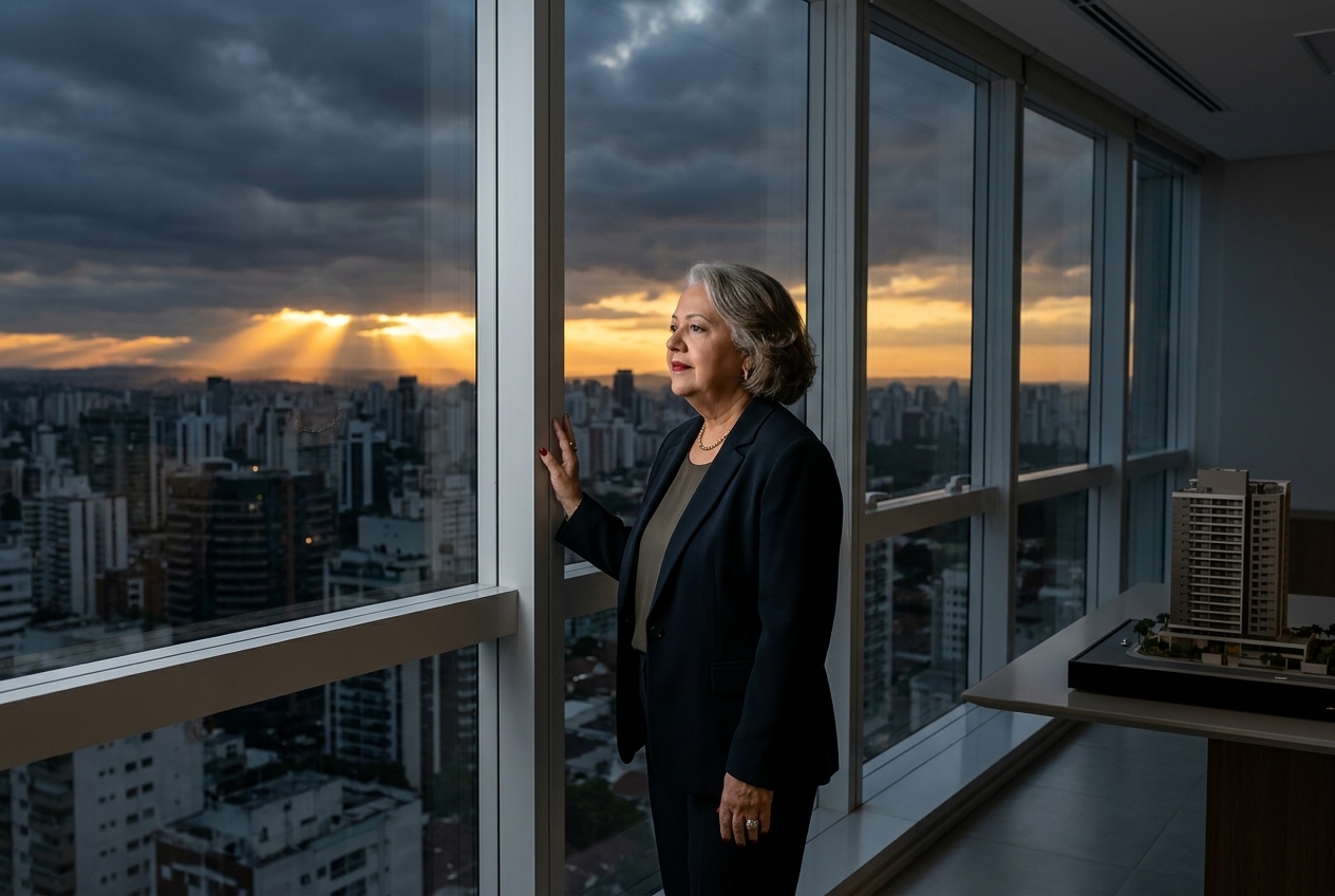 Myrinha Vasconcellos observa o horizonte ao amanhecer em um ambiente corporativo, em uma representação da coragem, da liderança e da esperança diante das grandes decisões.